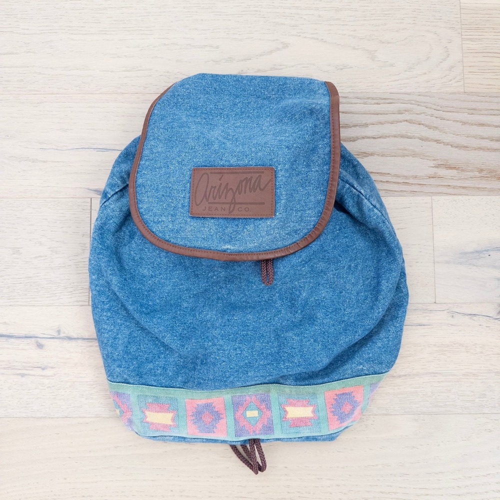 VTG Arizona‎ Denim Backpack Southwestern Tribal Print Flap Top Casual Americana